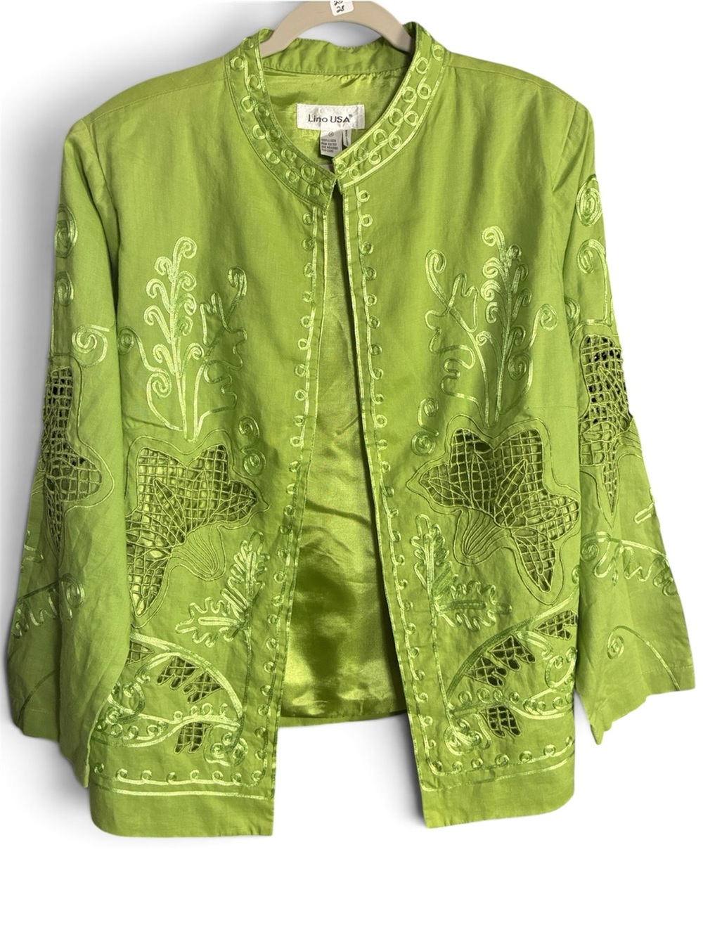 Lino USA Linen Lime Green Embroidered Open Front Jacket 1X